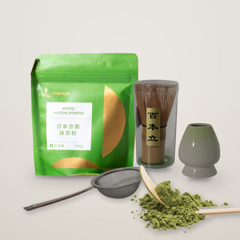 在家抹茶入門組:京都抹茶粉100g、百本立茶筅、茶筅立、抹茶篩、抹茶杓