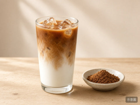冰焙茶拿鐵示意圖：焙茶與牛奶的漸層