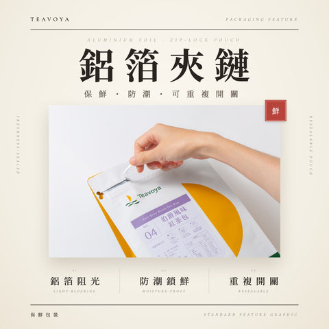 Teavoya 鋁箔夾鏈袋：鋁箔阻光、防潮鎖鮮、可重複開關